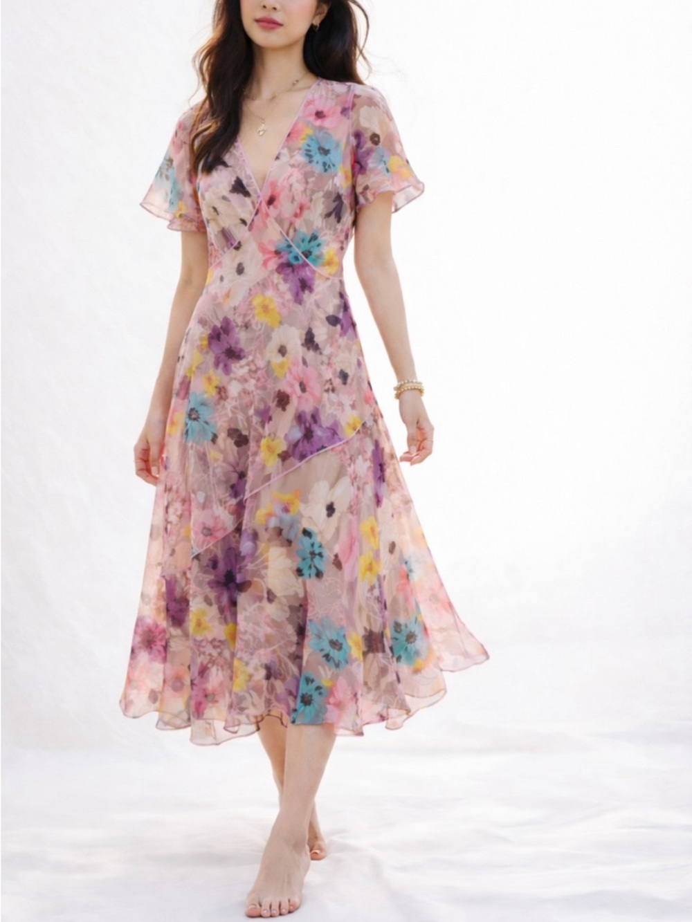 Sundance Silk Floral Wrap Dress Boho Romantic Midi Dress 36390